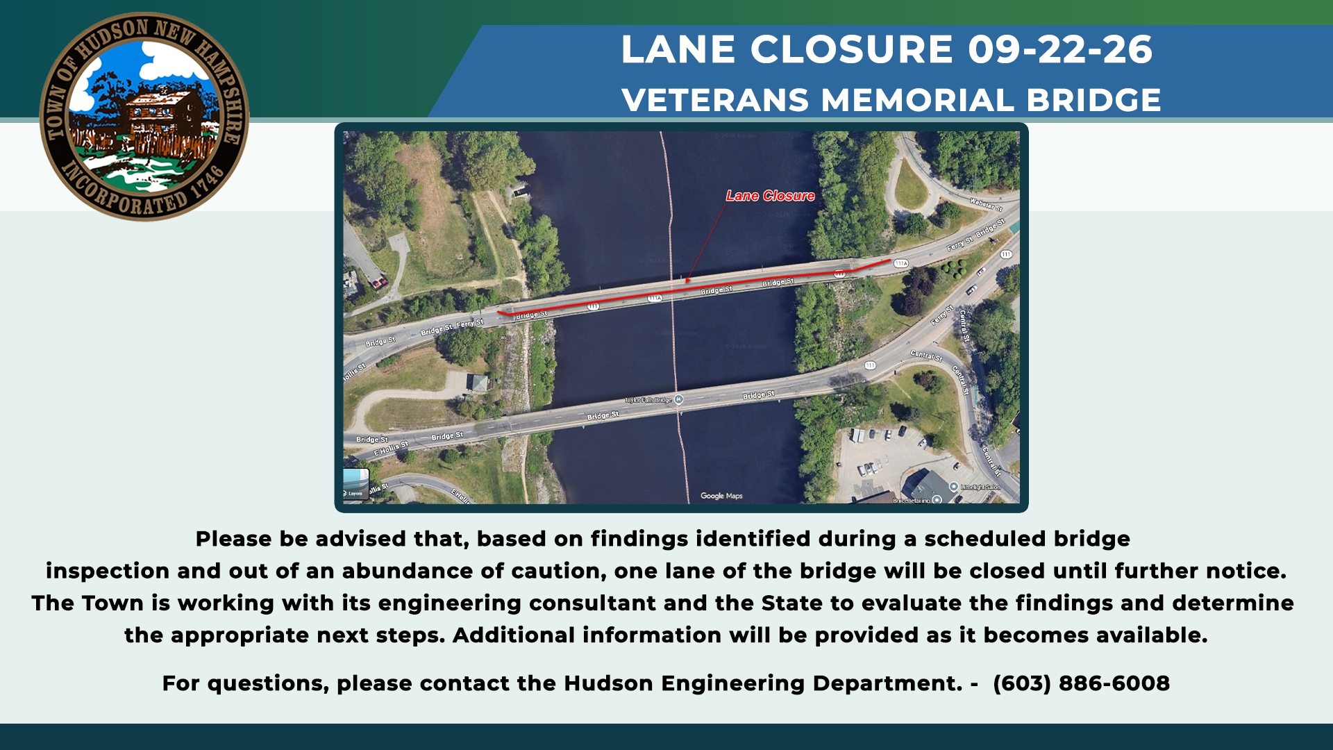 Thumbnail image for Town of Hudson - Veteran's Memorial Bridge Lane Closure PSA
