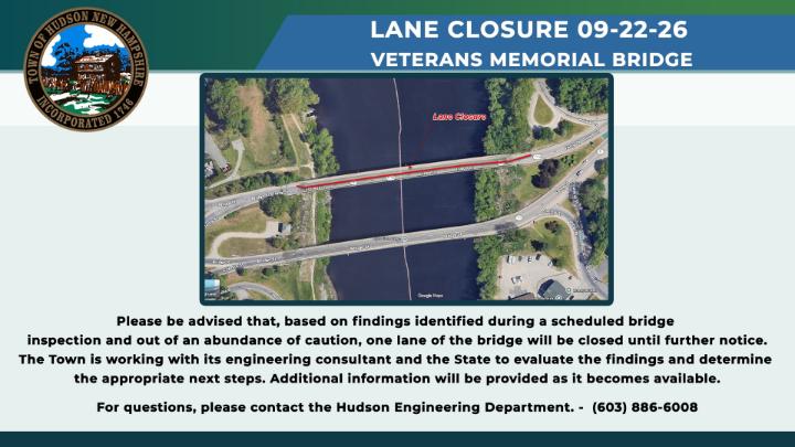 Thumbnail image for Town of Hudson - Veteran's Memorial Bridge Lane Closure PSA